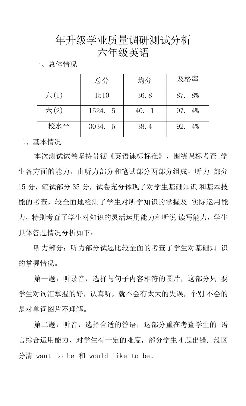 小学六年级英语试卷分析