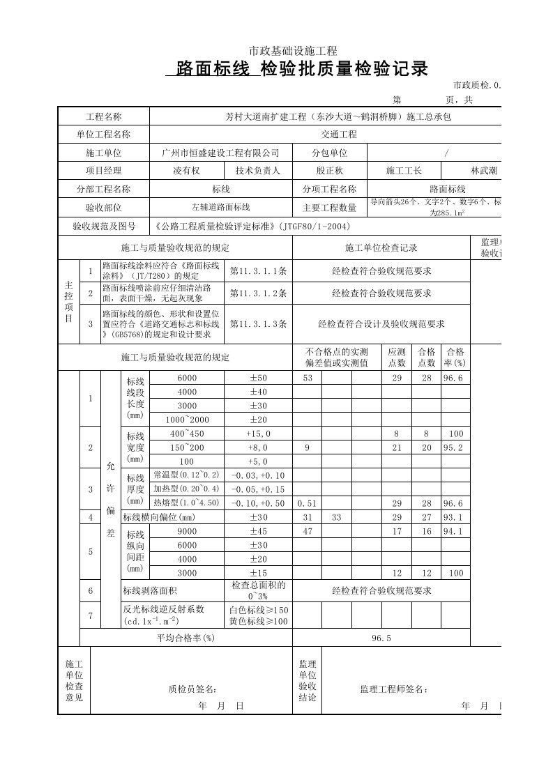 路面标线检验批质量检验记录