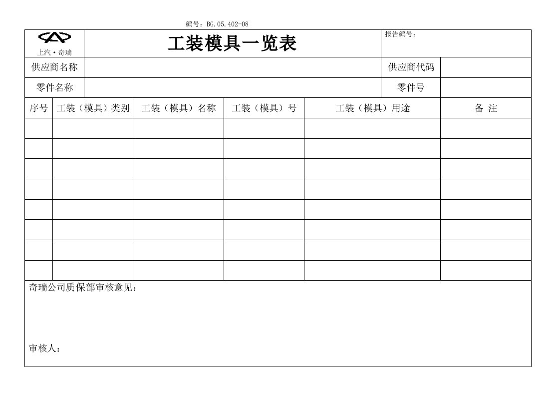 工装模具一览表-工艺