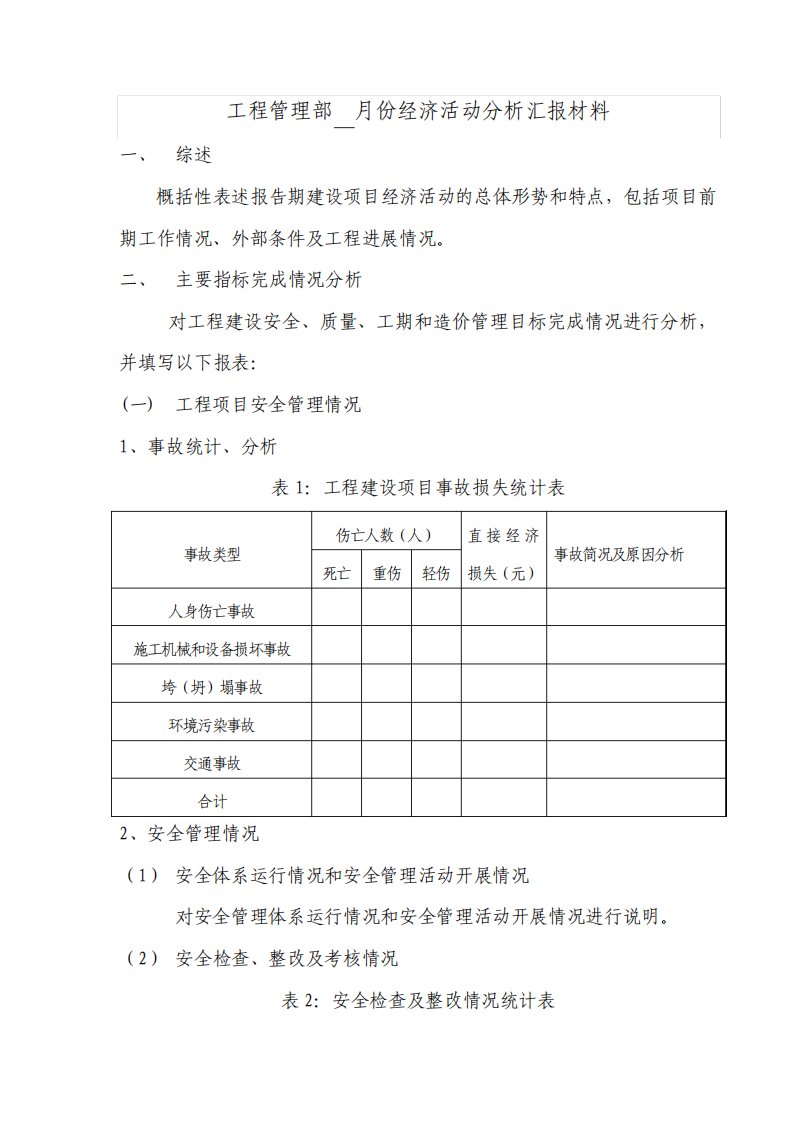 工程管理部月份经济活动分析汇报材料