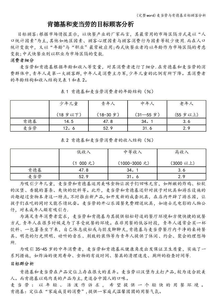 麦当劳与肯德基目标顾客分析