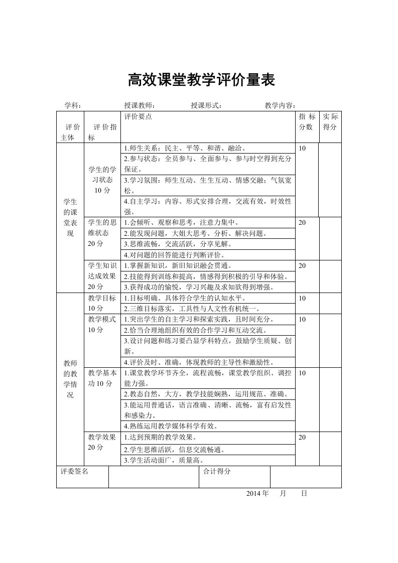 高效课堂评价量表