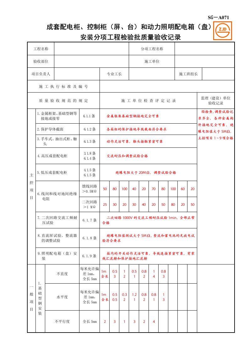 SG-A071成套配电柜、控制柜(屏、台)和动力照明配电箱(盘)安装分项工程检验批质量验收记录