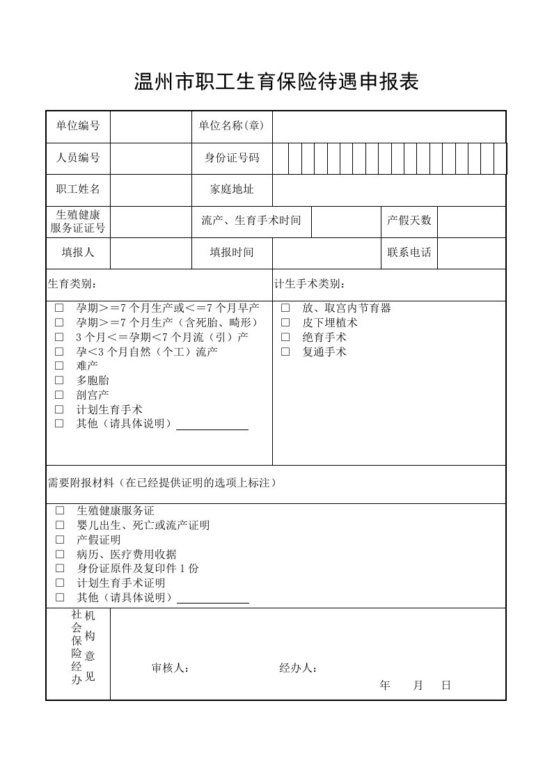 温州市职工生育保险待遇申报表