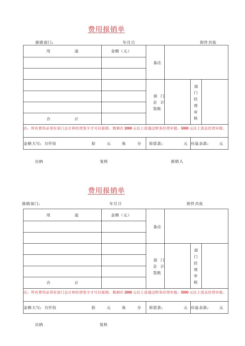 费用报销单表格模板