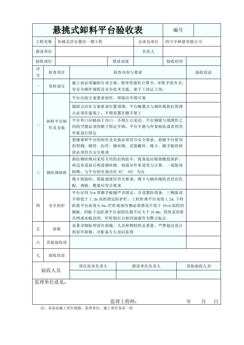 悬挑式卸料平台验收表