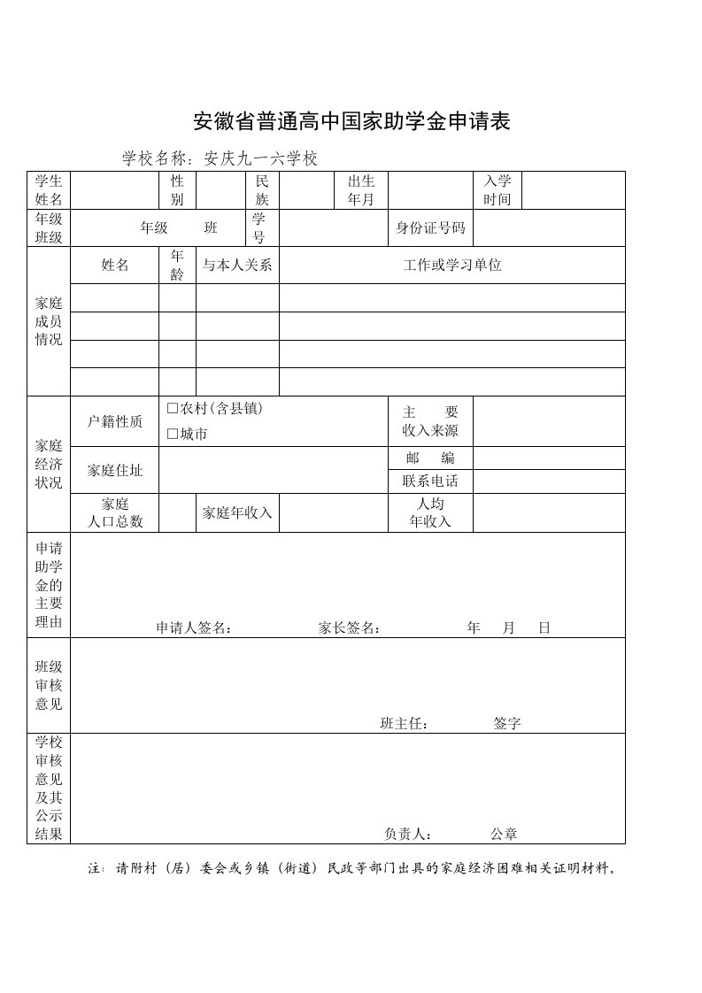 安徽省普通高中国家助学金申请表