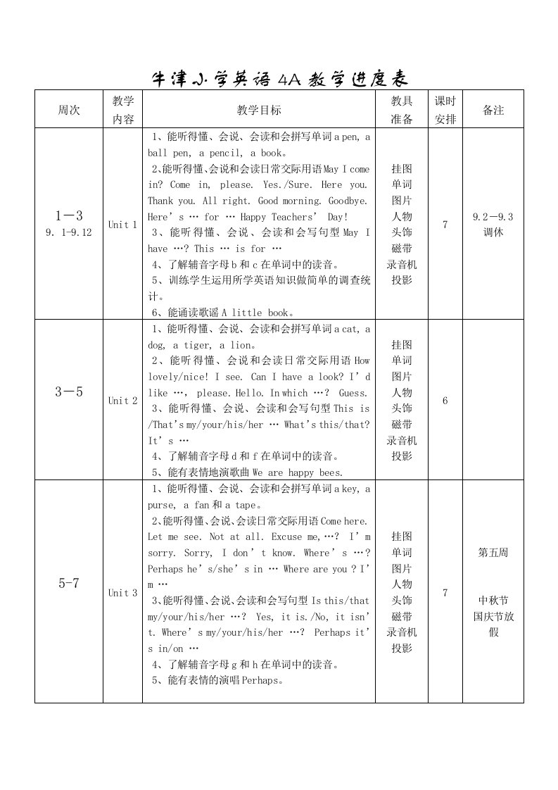 牛津小学英语4A教学进度表