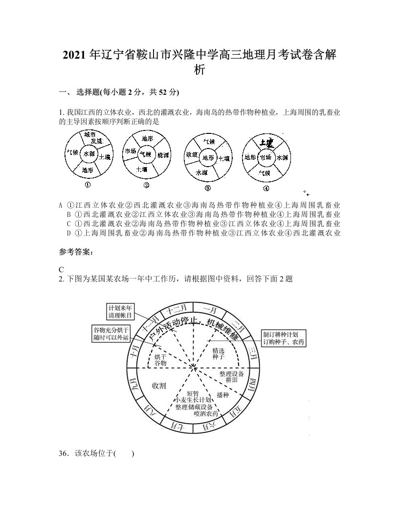 2021年辽宁省鞍山市兴隆中学高三地理月考试卷含解析