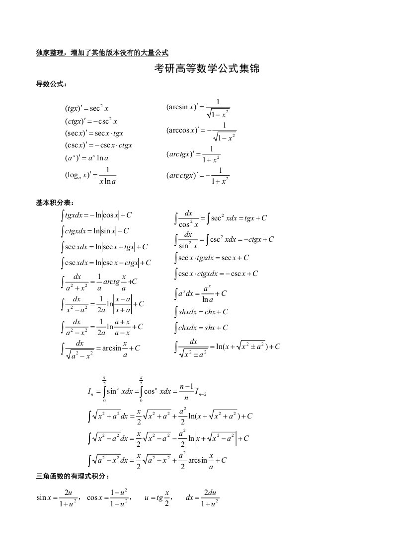 很全的考研高等数学公式集锦