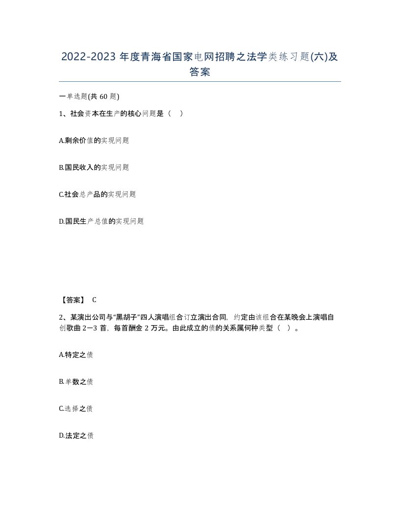 2022-2023年度青海省国家电网招聘之法学类练习题六及答案