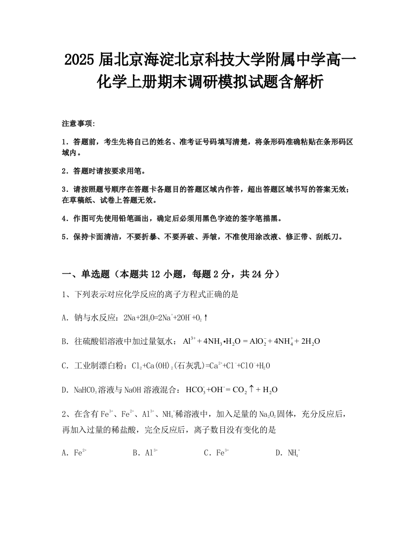 2025届北京海淀北京科技大学附属中学高一化学上册期末调研模拟试题含解析