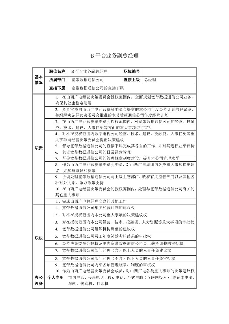 B平台业务副总经理岗位职责