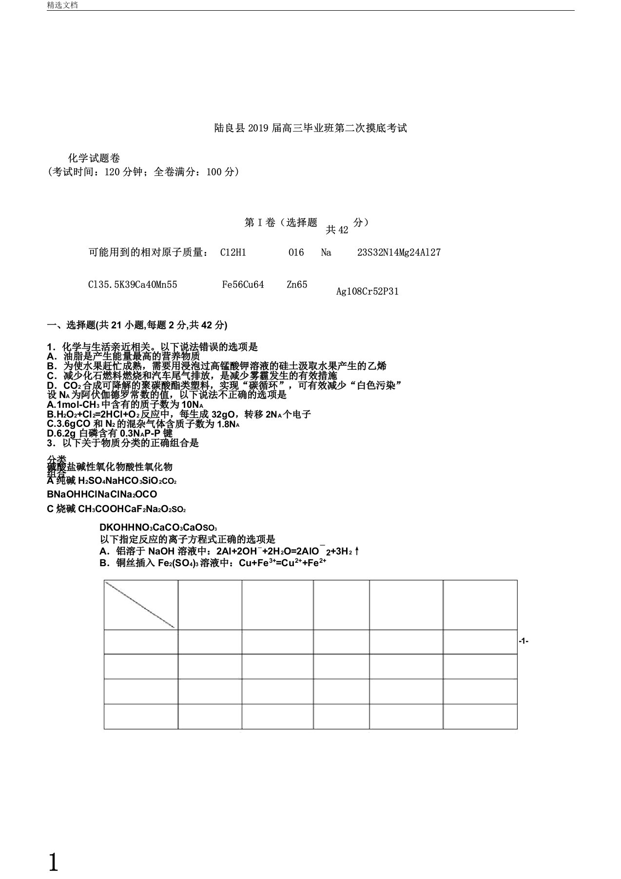 云南省陆良县2019届高三化学毕业班第二次教学质量摸底考试题