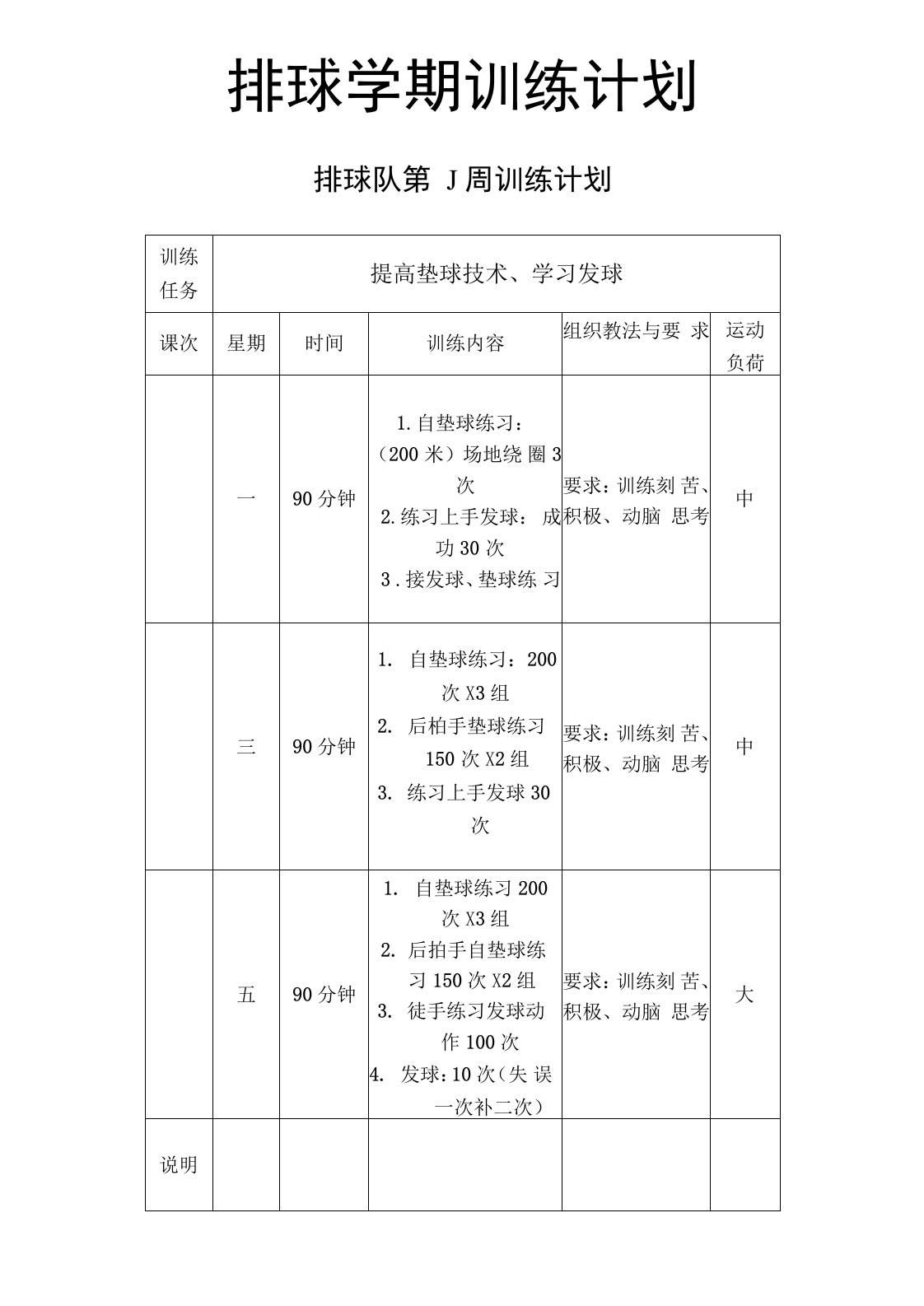 中学排球队每周训练计划