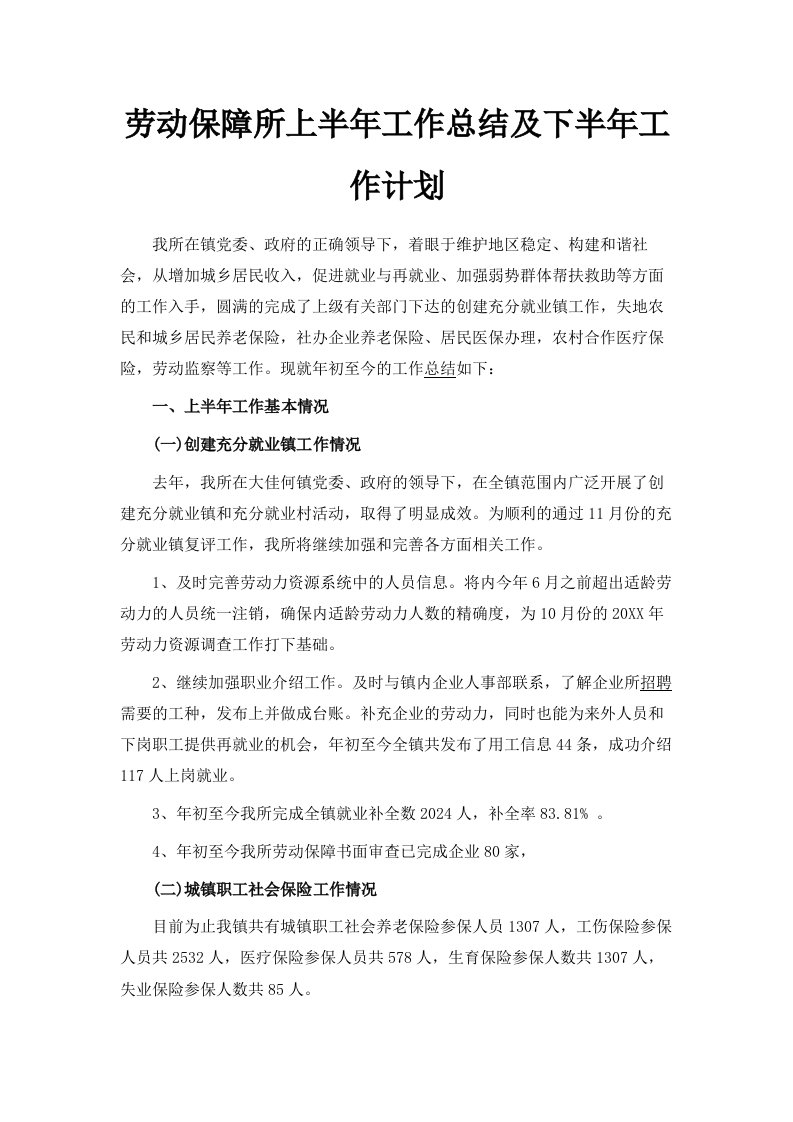 劳动保障所上半年工作总结及下半年工作计划