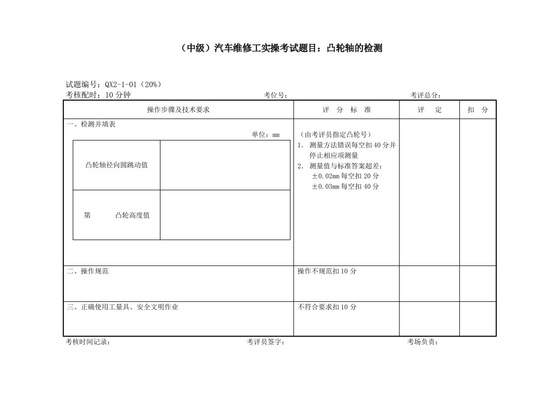 汽车行业-中级汽车维修工实操考试题目凸轮轴的检测