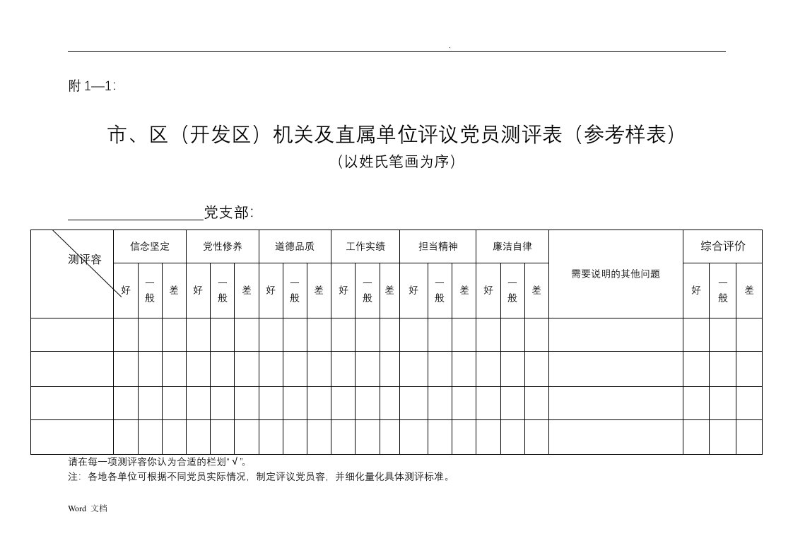 民主评议党员测评表(参考样表)