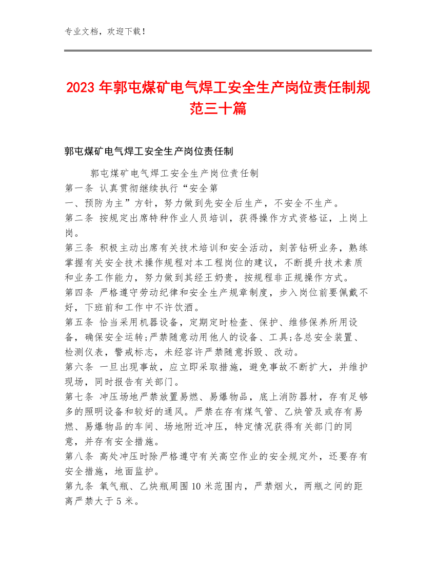 2023年郭屯煤矿电气焊工安全生产岗位责任制规范三十篇