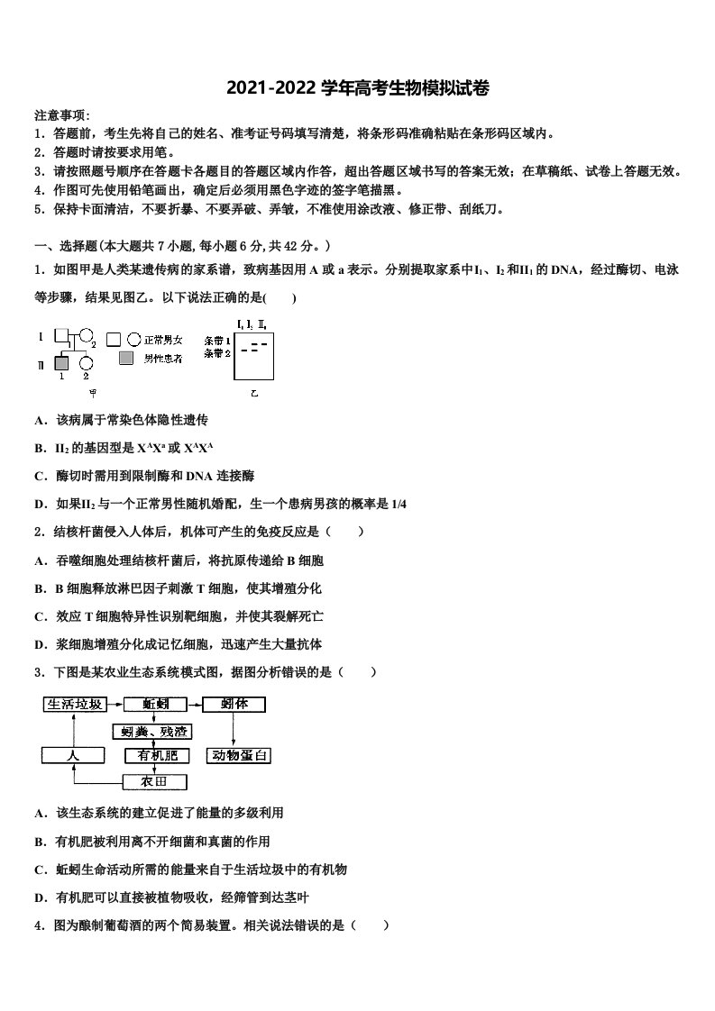 2022年吉林省吉林市桦甸市第四中学高三第六次模拟考试生物试卷含解析