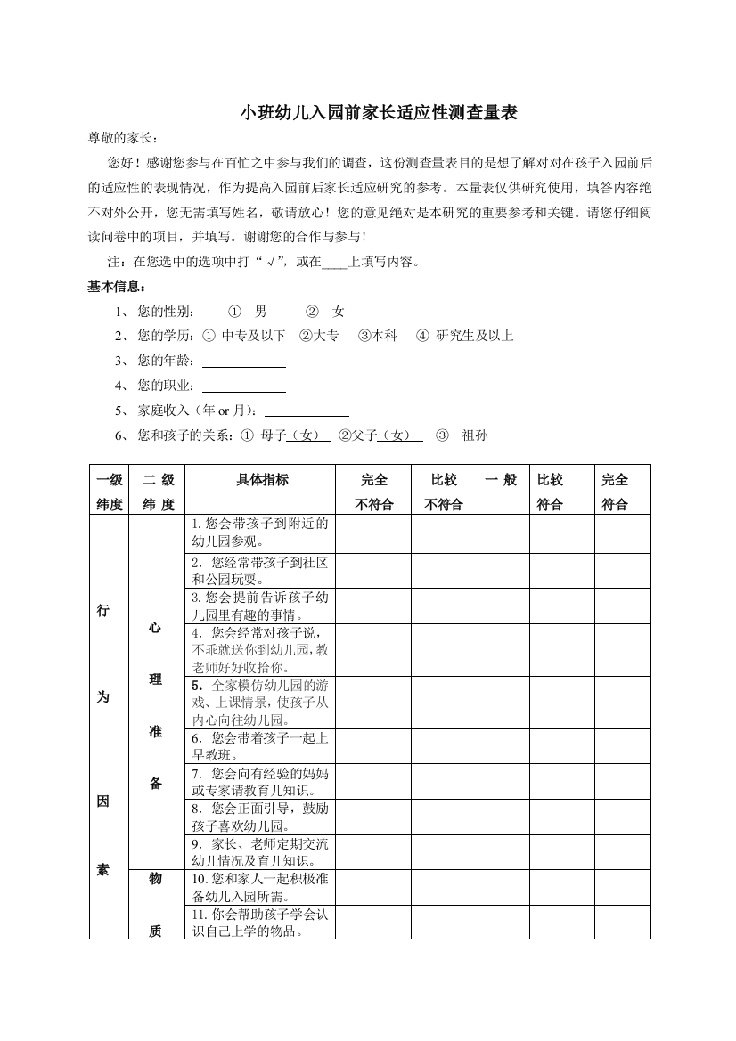 小班幼儿入园前后家长适应性测查量表