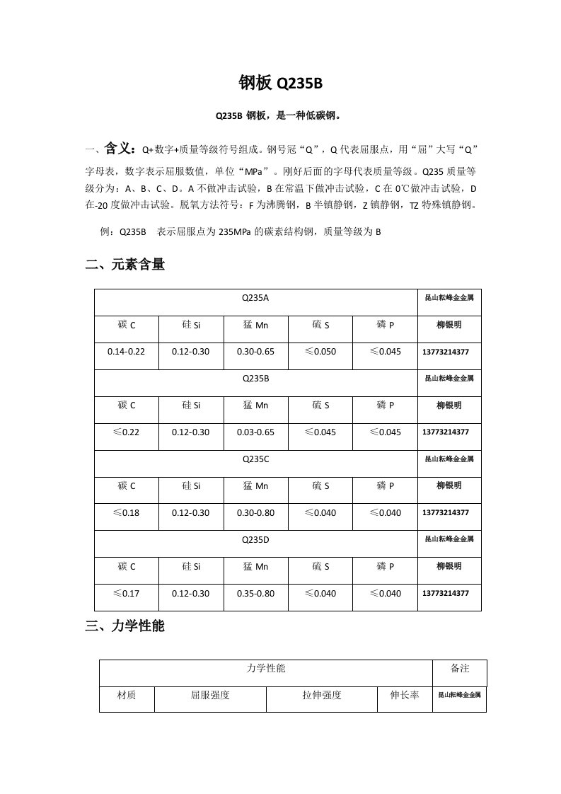 钢板Q235B化学成分及力学性能