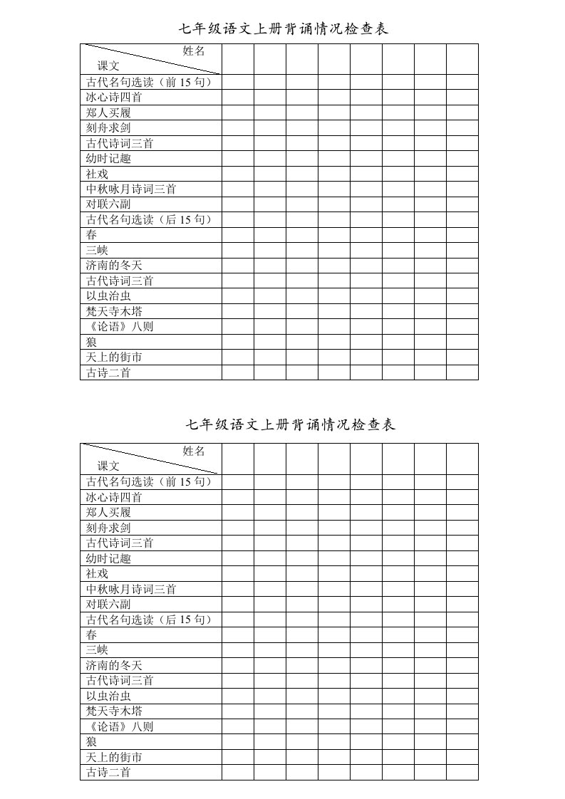 七年级语文上册背诵情况检查表