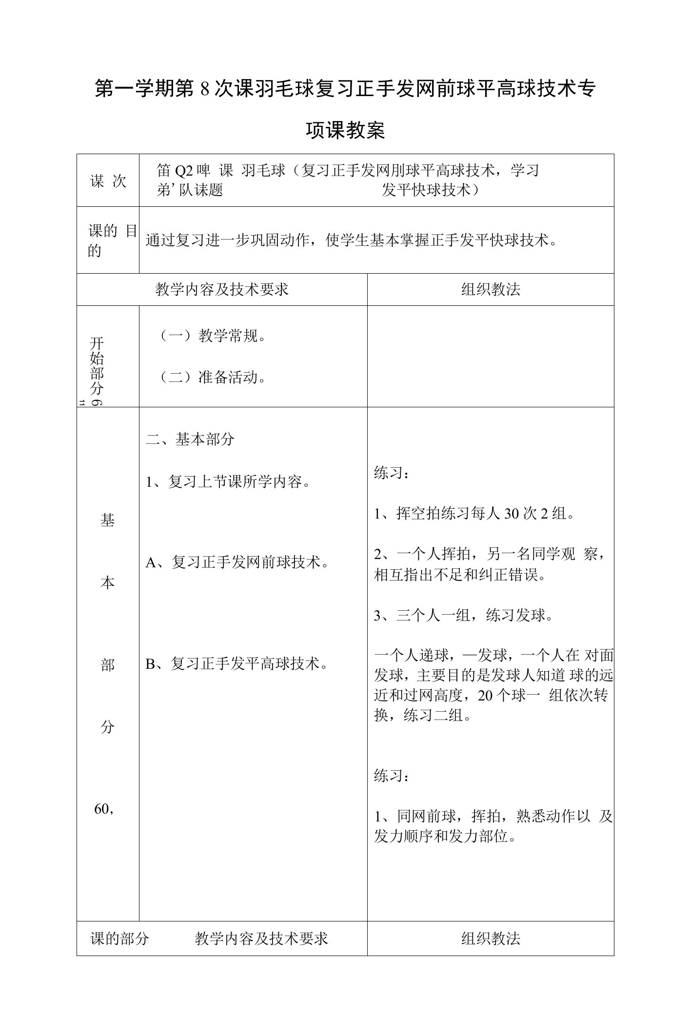 第一学期第8次课羽毛球复习正手发网前球平高球技术专项课教案