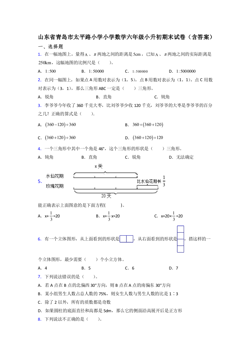 山东省青岛市太平路小学小学数学六年级小升初期末试卷(含答案)