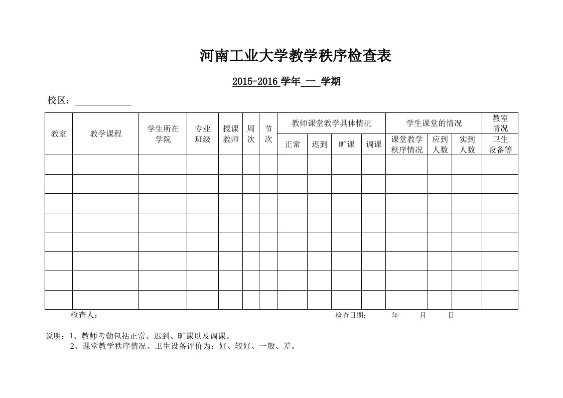 河南工业大学教学秩序检查表