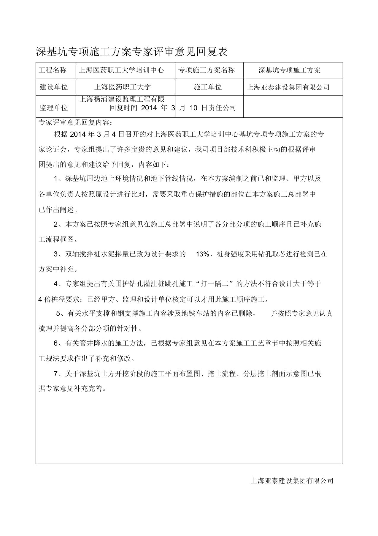 深基坑专项施工方案专家评审意见回复表