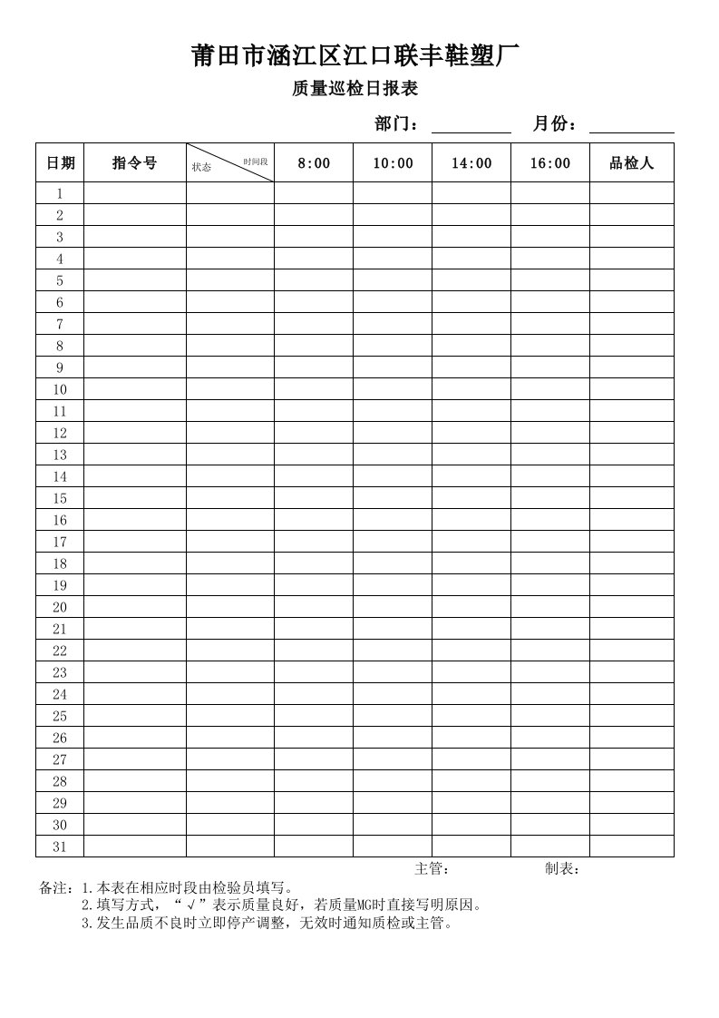 注塑车间质量巡检表