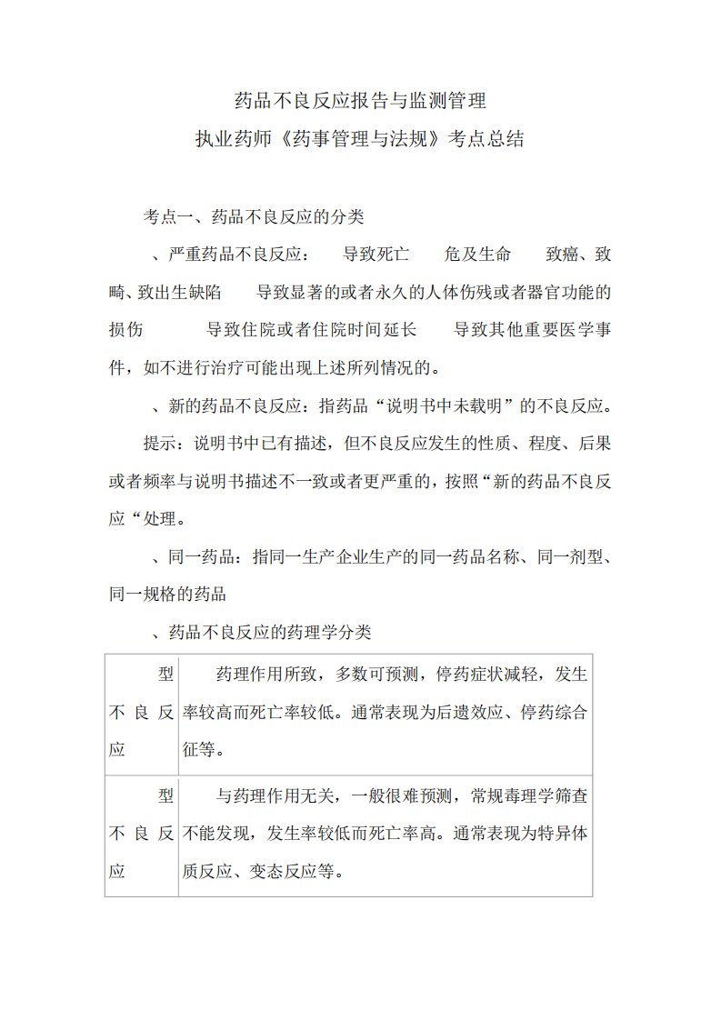 药品不良反应报告与监测管理执业药师《药事管理与法规》考点总结