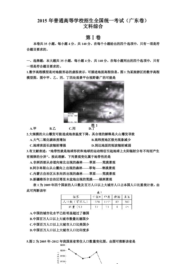 2015年广东高考文科综合试卷高清版