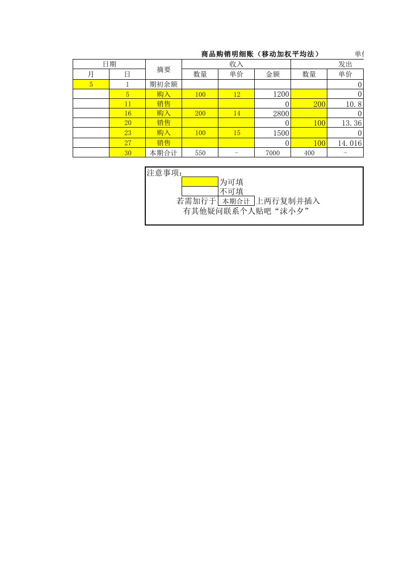 移动加权平均法自动计算表