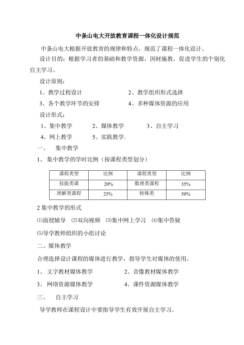 中条山电大开放教育课程一体化设计规范