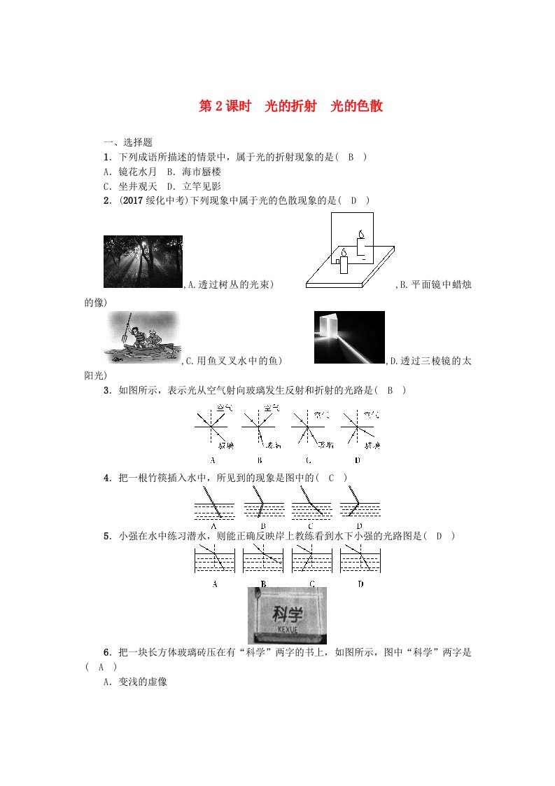 云南专版2022年中考物理总复习第2课时光的折射光的色散精练