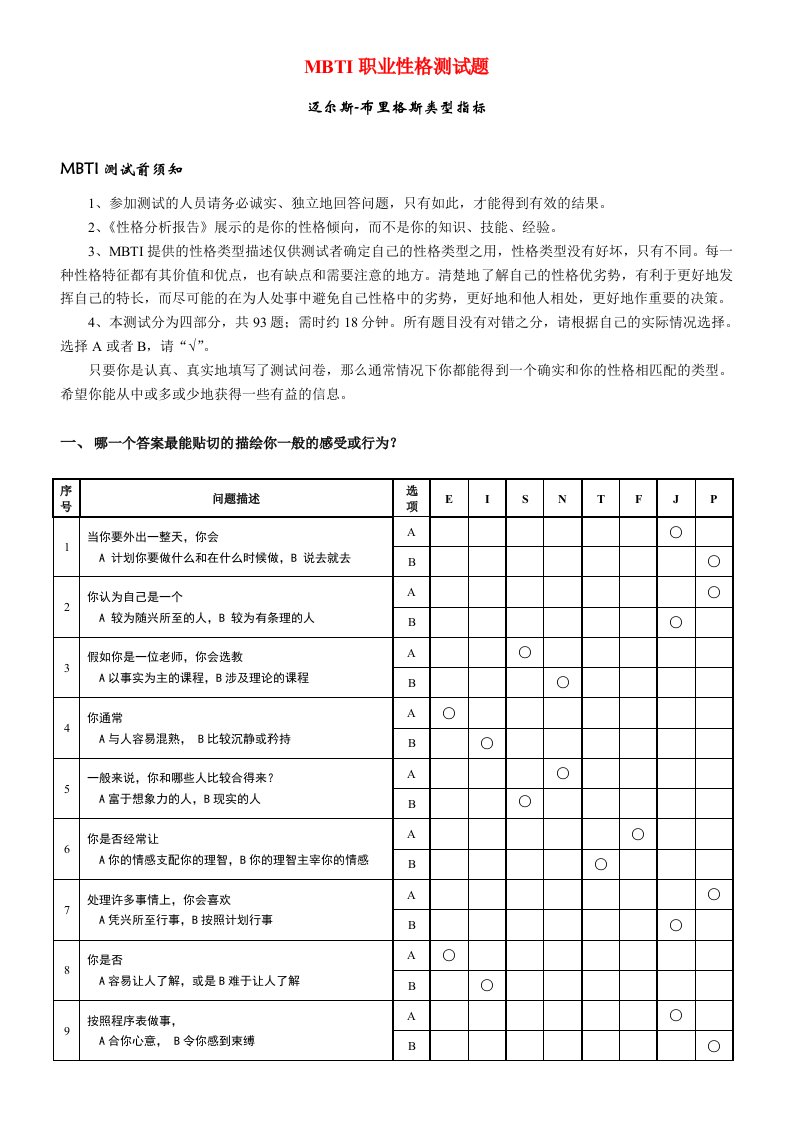 精品文档-《MBTI职业性格测试题》