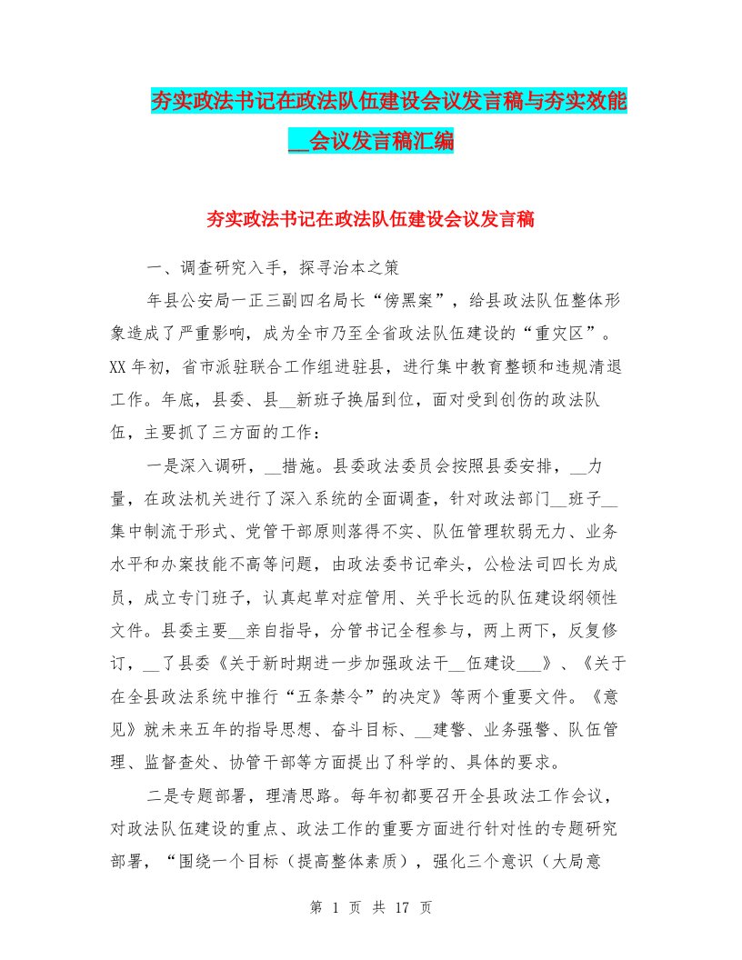 夯实政法书记在政法队伍建设会议发言稿与夯实效能革命会议发言稿汇编