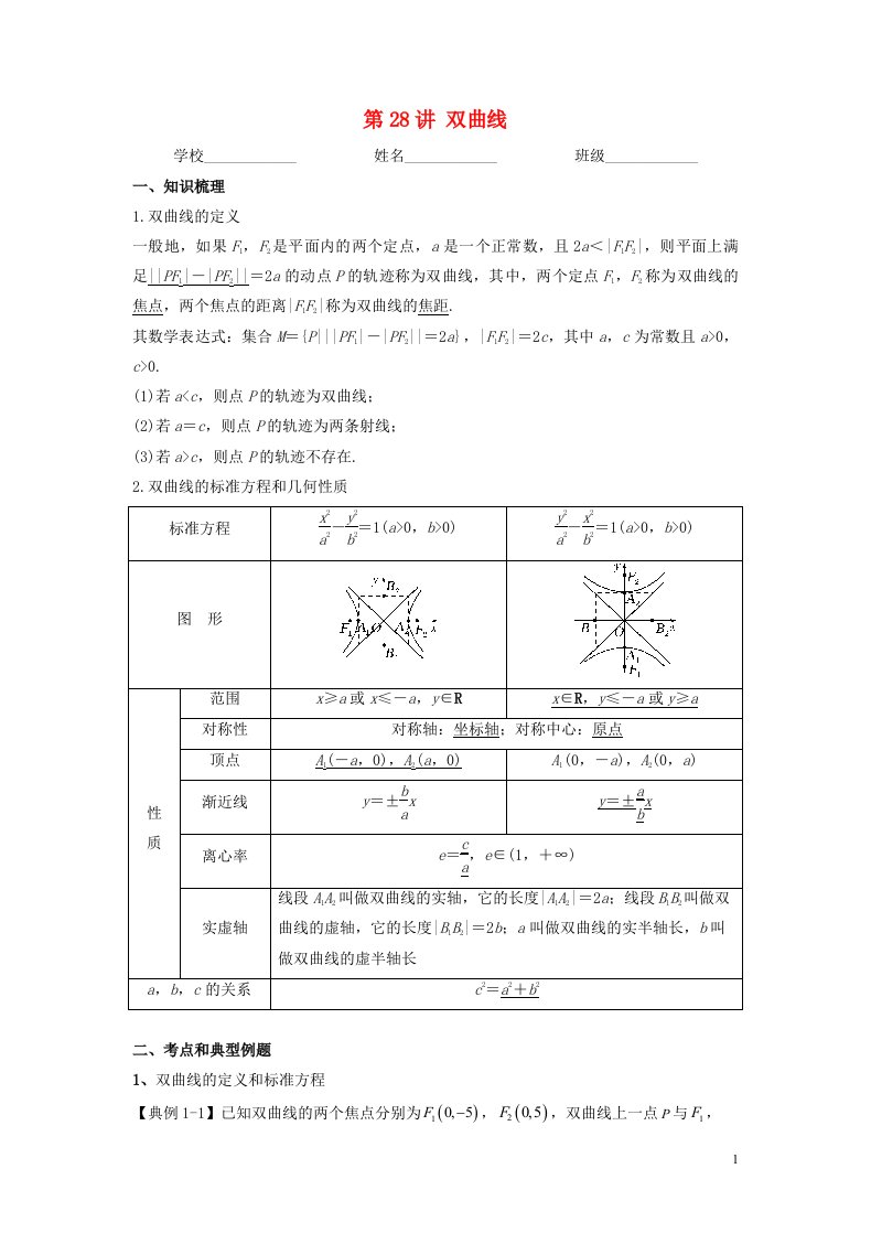 新高考专用2023年高考数学一轮复习精讲必备第28讲双曲线讲义含解析