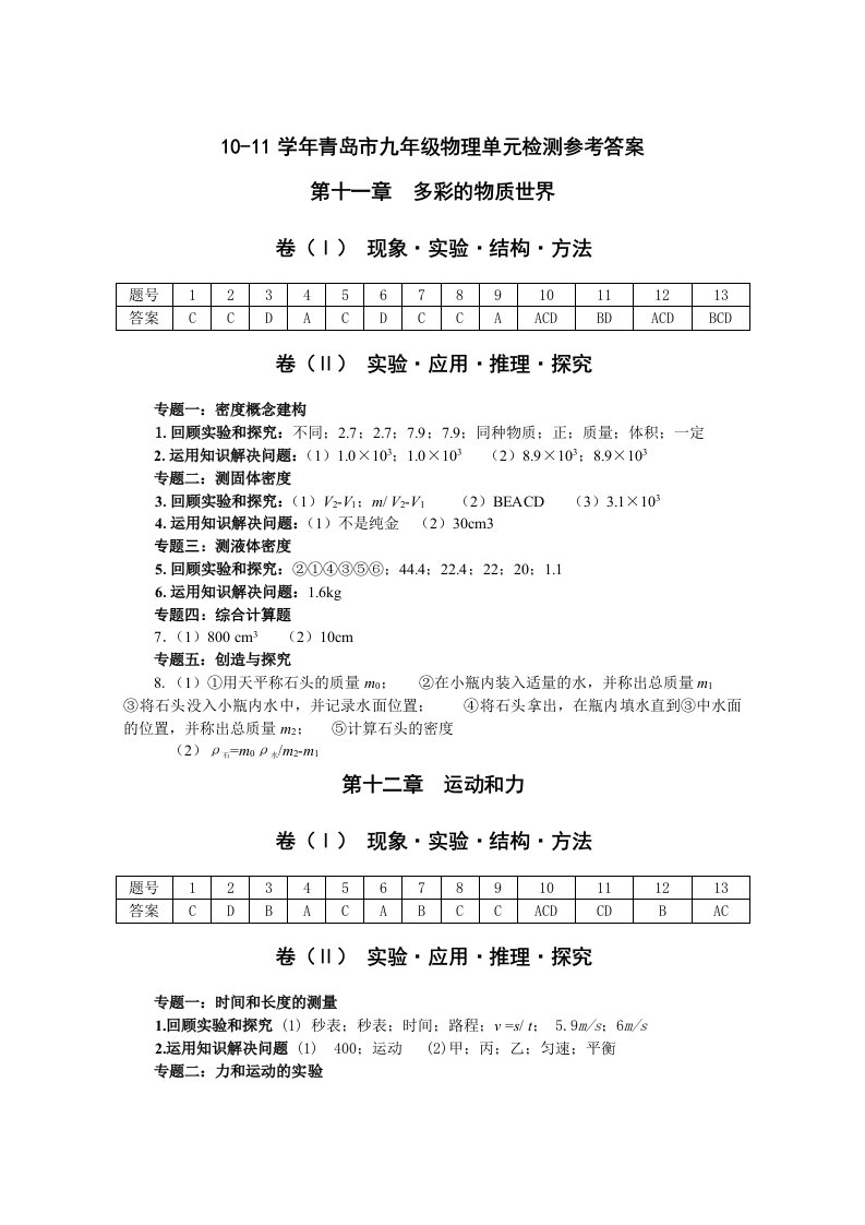 青岛鲁教版九年级物理答案