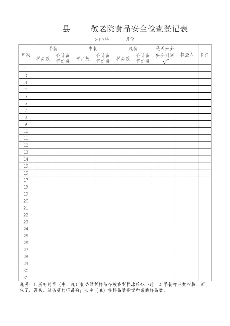 敬老院食品安全检查登记表