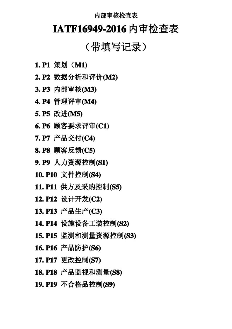 IATF16949-2016内部审核检查表(带填写记录)