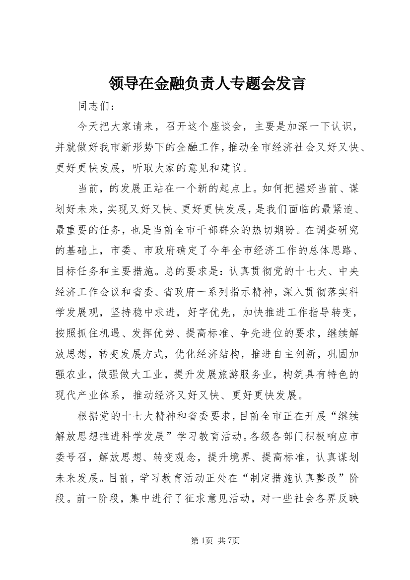 领导在金融负责人专题会发言