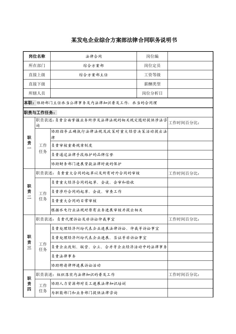 某发电企业综合计划部法律合同职务说明书