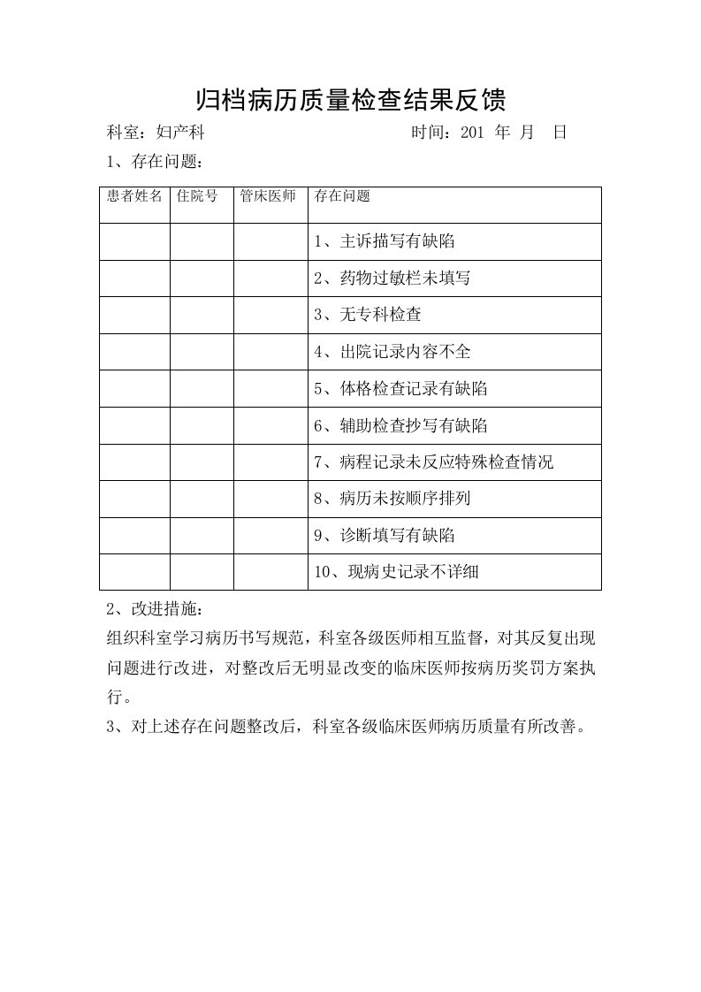 归档病历质量检查结果反馈