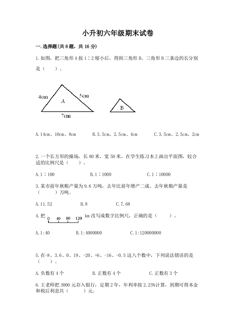 小升初六年级期末试卷（巩固）