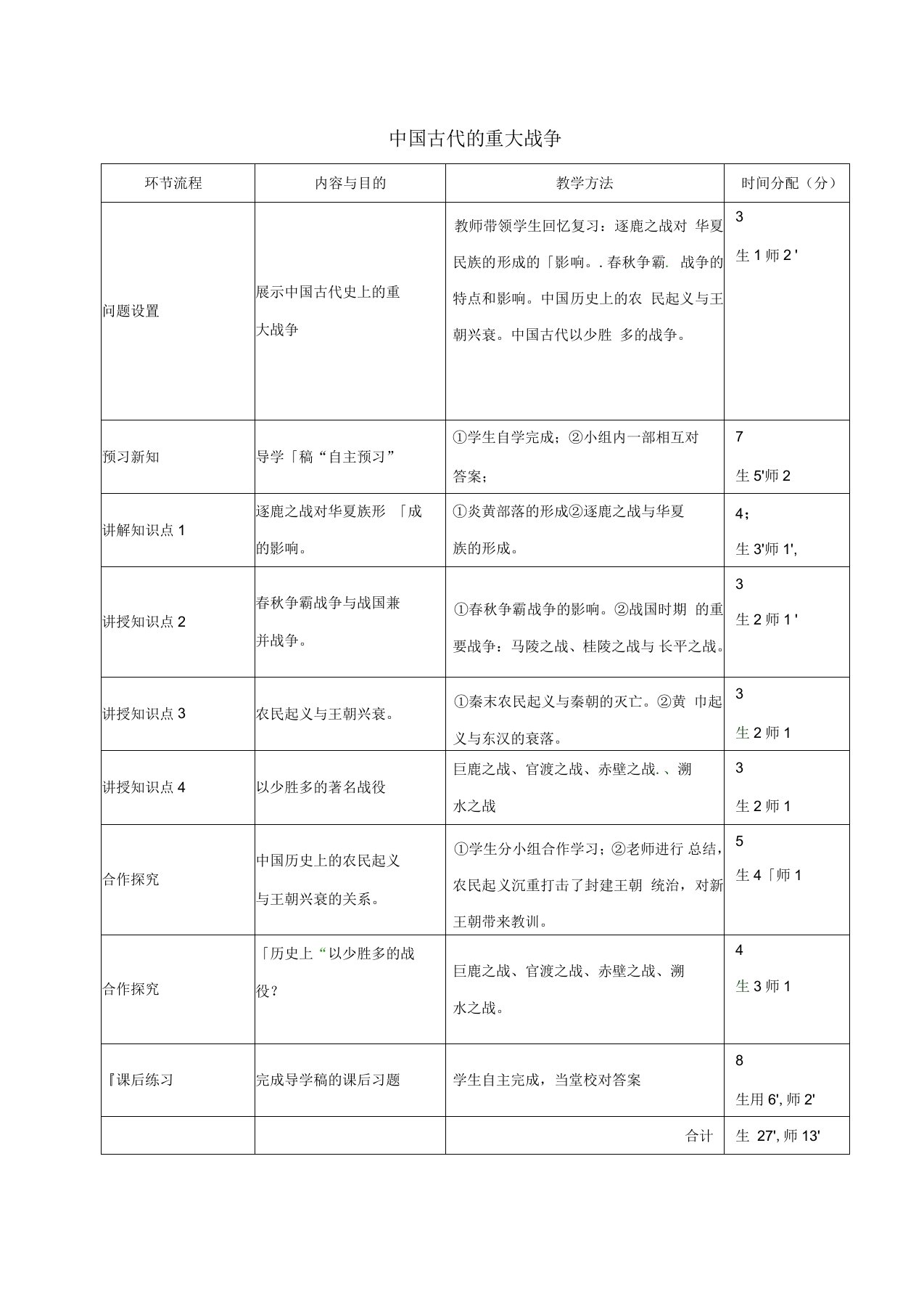 七年级历史古代战争专题复习教学设计人教版