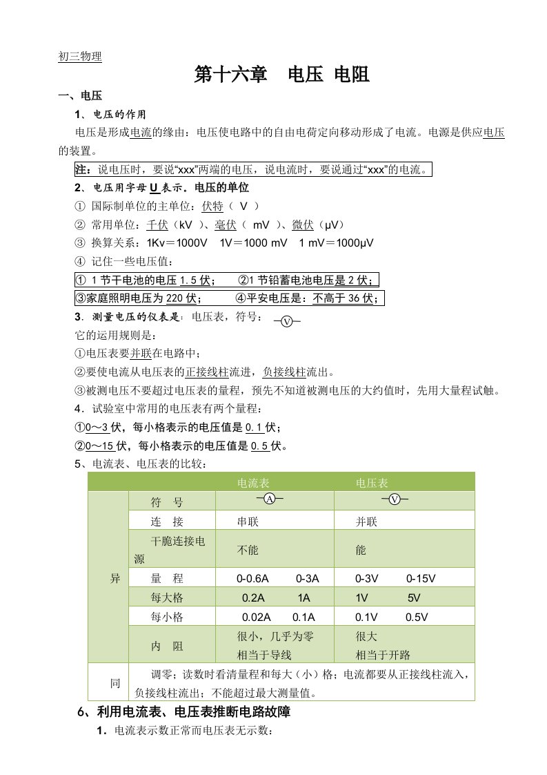 【精】人教版初三物理第十六章电压电阻-知识点+练习题+单元测验(有答案)