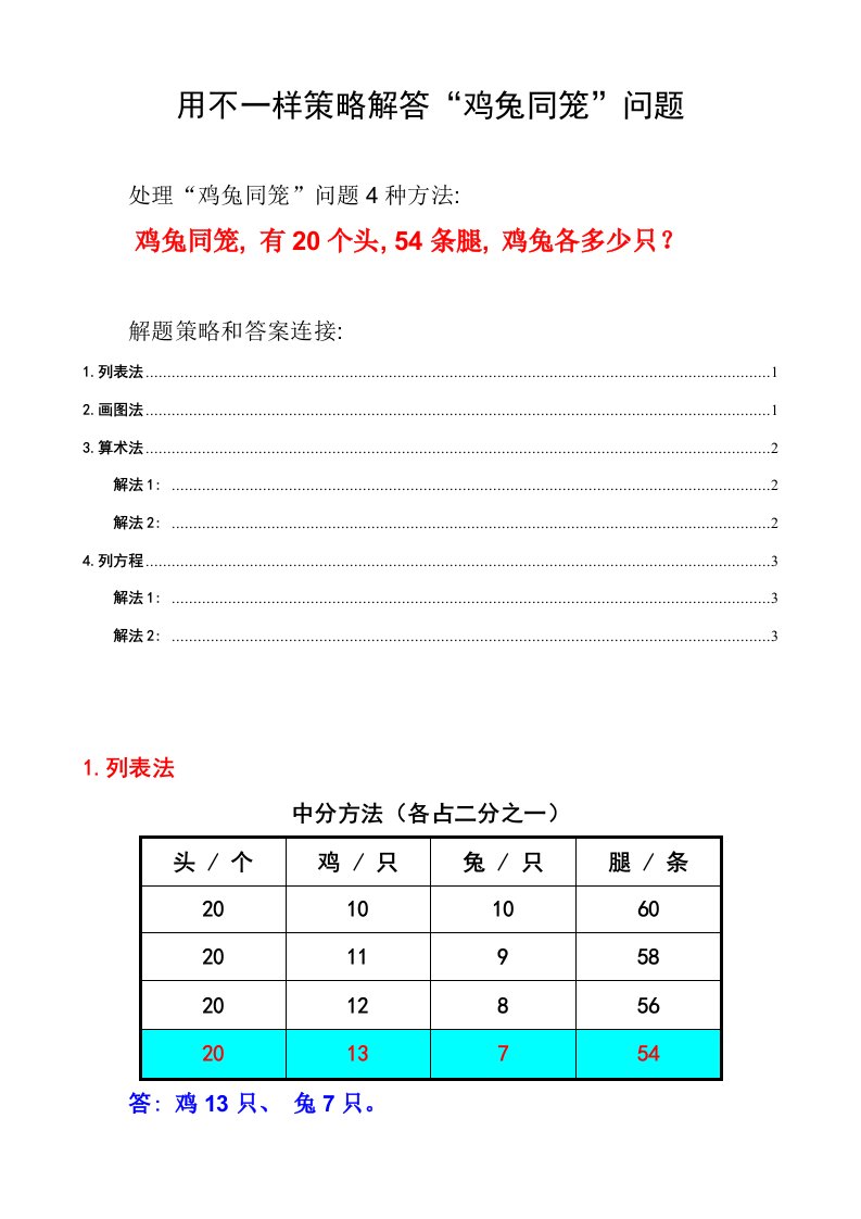 2021年解决鸡兔同笼问题的不同策略讲义样本